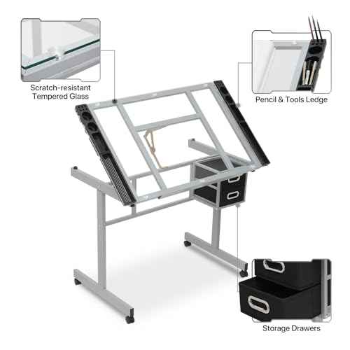 MoNiBloom Drafting Table on Wheels with Storage & Side Tray - Adjustable 0-65¡Æ Glass Tabletop, Replaceable Feet Art Desk