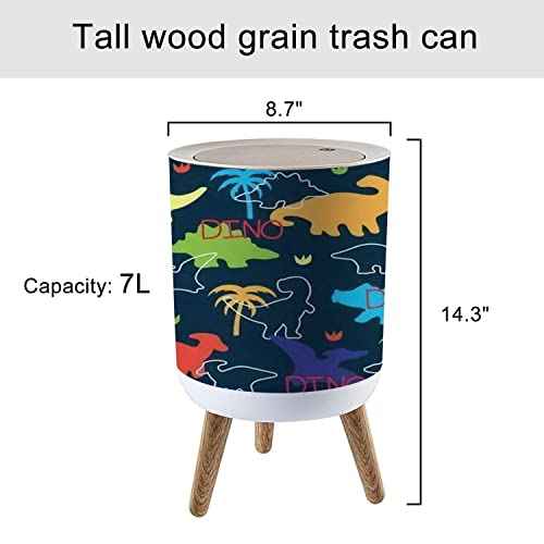 Small Trash Can with Lid Seamless Colorful Dinosaurs Dinosaur Silhouette Round Recycle Bin Press Top Dog Proof Wastebasket for Kitchen Bathroom Bedroom Office 7L/1.8 Gallon