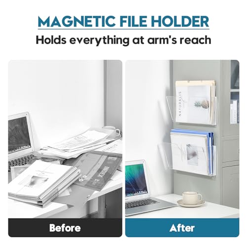 Qozary Clear Acrylic Magnetic File Holder - 2 Pack Magazine Rack for File Cabinets, Magnetic Mail Holder, File Organizer for Refrigerator, White Board, Office (Transparent, Medium)