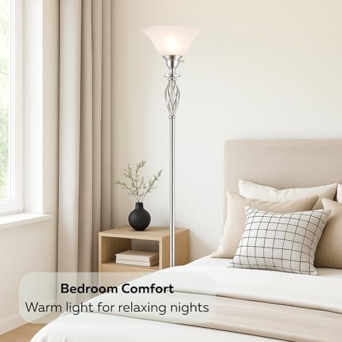 LIGHTACCENTS Torchiere Floor Lamp with White Alabaster Glass Shade ? Tall Standing Lamp with Iron Scrollwork and Brushed Nickel Finish ? Modern Floor Lamp for Living Room and Office