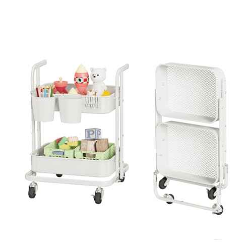 DTK 2 Tier Rolling Cart, Small Metal Utility Cart with Lockable Wheels, Foldable Craft Cart, 2 Shelf Folding Storage Trolley for Living Room, Kitchen, Bathroom, Bedroom and Office, White