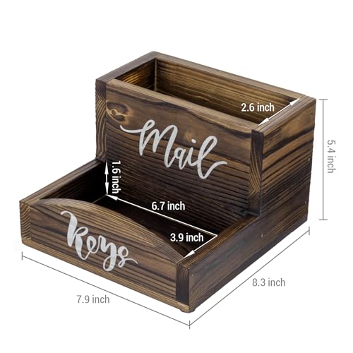 MyGift Rustic Burnt Solid Wood Mail Holder and Key Organizer, Entryway Storage Tray or Office Desktop Organizing Bin with White Cursive Lettering Labels