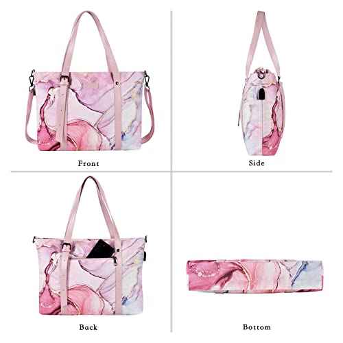 MOSISO USB Port Laptop Tote Bag (17-17.3 inch) with Adjustable Top Handle, Laptop Bag for Women, Polyester Work Travel Office Large Computer Shoulder Handbag Marble MO-MBH216