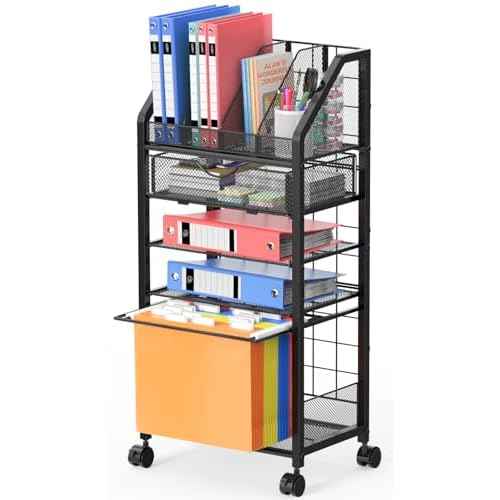 5 Tier Rolling File Cart with Drawer, Metal Office File Cart Organization with Sliding Trays, Teacher Carts with Wheels, Paper Letter Storage Hanging Files Folders for Workspace,Home,School Classroom