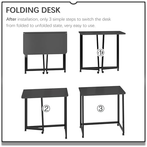 4NM 23.6" Foldable Mobile Computer Desk - Small Space Saving Home Office Table, All Black