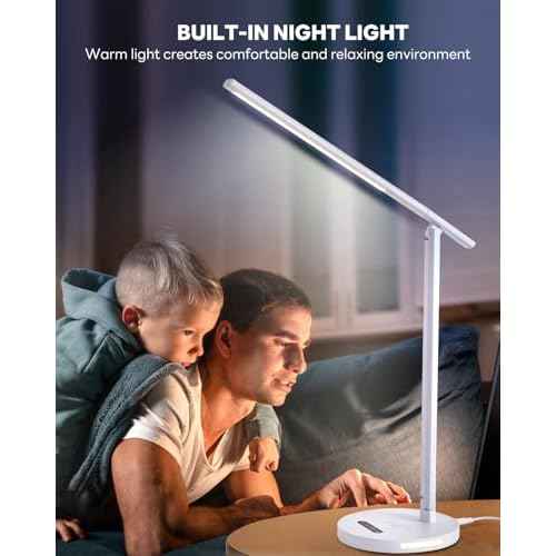 Upgraded LED Desk Lamp with Wireless Charger, Stepless Dimmable Foldable Table Lamp for Home Bedroom Office Sturdy Room, 3 Color Temperatures, Memory Function