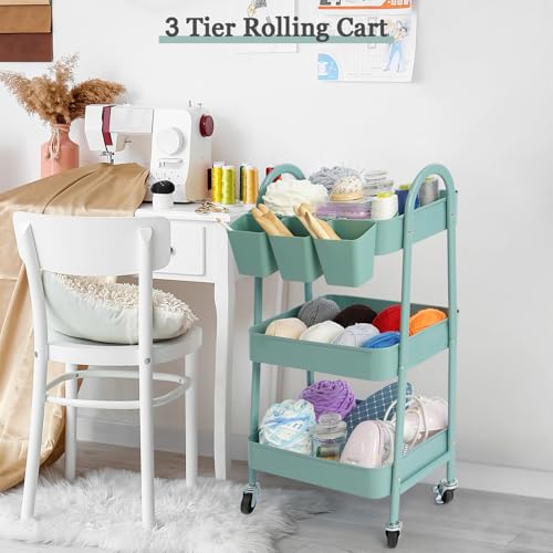 danpinera 3-Tier Rolling Cart, Utility Cart Mobile Metal Rolling Storage Cart with Lockable Wheels & Hanging Cups & Hooks for Kitchen, Bathroom, Office, Workshop, Green