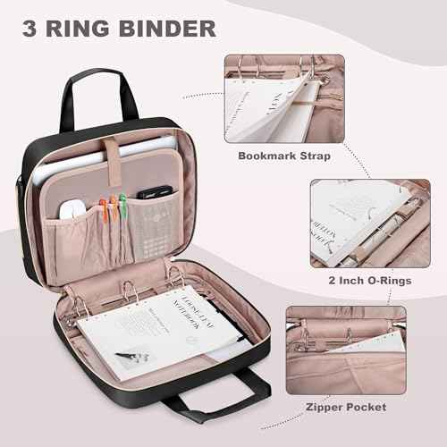 3 Ring Zipper Binder 2 Inch, Accordion File Organizer with Shoulder Strap, Zip Up Binder with 500-Sheet Capacity, Black