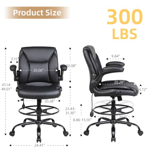 Ermnois PU Leather Drafting Chair with Adjustable Lumbar Support - Black, 1