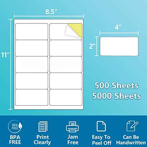 2" x 4" Shipping Labels,Printable White Mailing Labels for Laser/Inkjet Printer,Permanent Adhesive Sticker Labels(500 Sheets,5000 Labels)