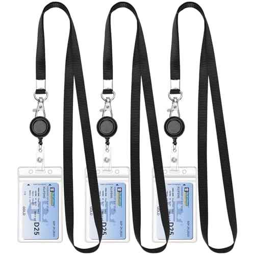 Teskyer 3 Pack Retractable Lanyards for ID Badges, Thick Clear Plastic ID Badge Holder with Lanyard and Badge Reel Clip for Name Work Cards, Cruise Ship Cards - Black