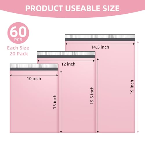 Pink Poly Mailers Set 3 Sizes (10x13, 12x15.5, 14.5x19) 60 Pack by Famagic