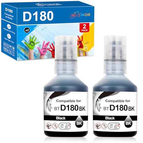 D180 Ink Refill Bottles Black Replacement for Brother BTD180BK Black Ink Bottle Compatible for Brother DCP-T580DW DCP-T583DW DCP-T780DW Printer (2 Black)