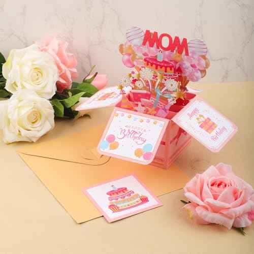 Happy Birthday Mom Pop up Card, Thoughtful Birthday Cards for Mom Colorful Balloons Excitement Fireworks Gift Box with Envelope Creative Pop up Gift Card for Women Stepmom Godmother