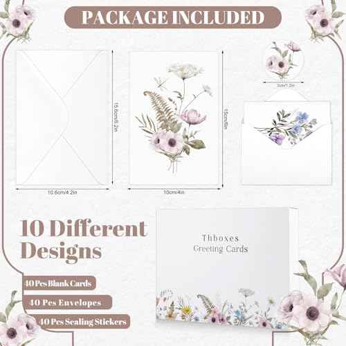Blank Cards and Envelopes, 40 Pack Blank Note Cards 4x6 in Elegant Floral Greeting Card with Sealing Stickers, Note Card and Envelopes Stationary Set for All Occasions (10 Floral Designs)