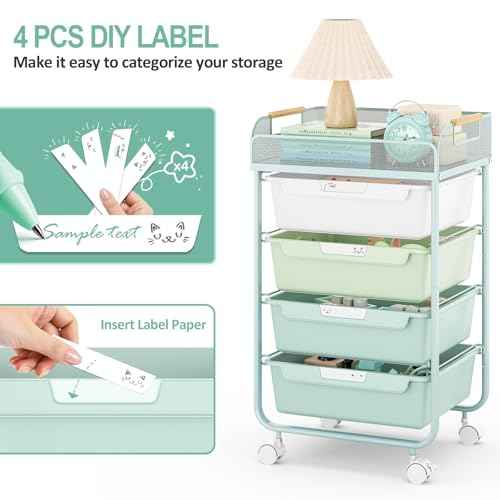 Rolling Utility Storage Cart with 4 Drawers - 4 Tiers Rolling Cart Craft Cart, Storage Drawer Cart Organizer for Craft Room Office Bedroom Classroom with Mesh Top & 4 PCS DIY Lable, Green