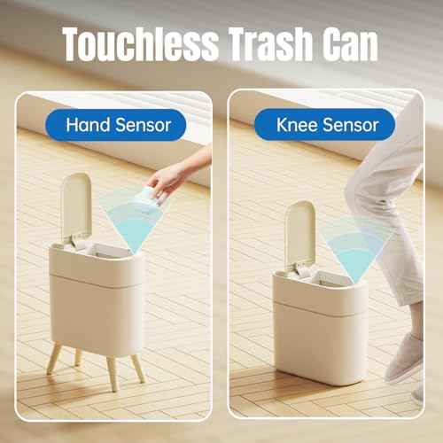 Yatmung Motion Sensor Bathroom Trash Can with Lid 2.5 Gal Smart Trash Bin - Waste Basket for Bedroom, Office, Living Room - Slim Bathroom Garbage Can Automatic Touchless - White with Wooden Legs
