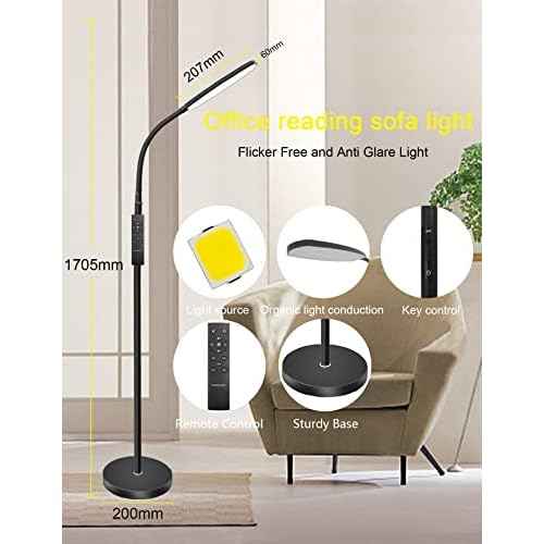 LED Floor Lamp, Bright Reading Lamp with 1H Timer, 2700K-6500K Brightness Adjustable Gooseneck Standing Lamp with Remote and Touch Control for Living Room Study Living Room Dining Room Studio