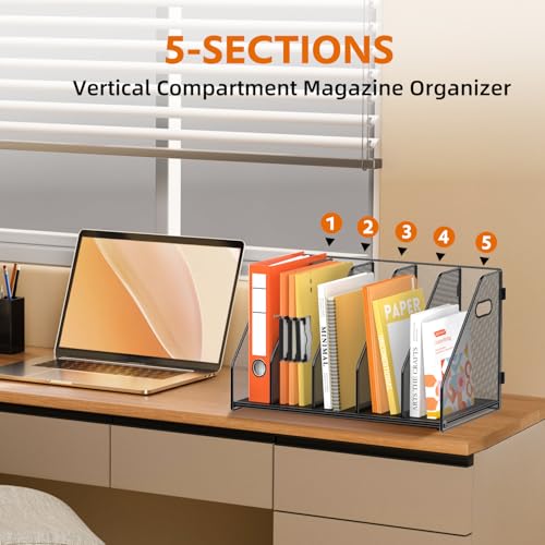 SUPEASY Black 5-Rack Vertical Binder & Magazine Organizer for Desk