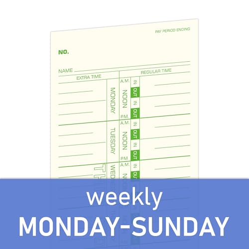 Weekly Time Cards 1-Sided, 3-1/2" x 9",Named Days,Green Print, 500-Count,Time Cards for Employees,Clock in Timecards