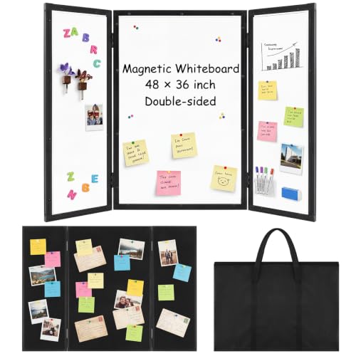 Feifeiya 48x36 Inch White-Black Trifold Display Board with Felt & Magnetic Surfaces