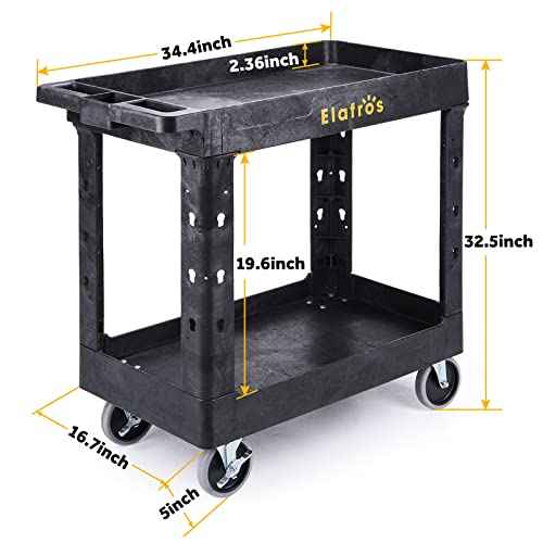 ELAFROS Heavy Duty Plastic Utility Cart 34 x 17 Inch - Work Cart Tub Storage W/Deep Shelves and Full Swivel Wheels Safely Holds up to 550 lbs - 2 Tier Service Cart for Warehouse,Garage, Cleaning