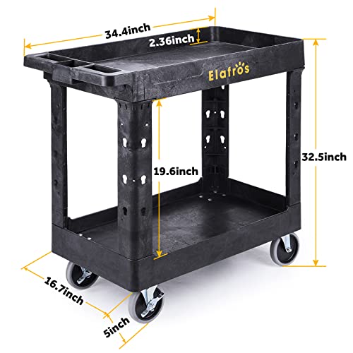ELAFROS 2-Tier Utility Rolling Cart with 4 Swivel Casters, Black, 34x17in, 550lb Capacity