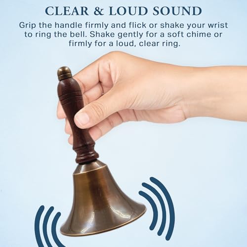 Antique Brass Hand Call Bell - 3-inch Wedding & Holiday Bell with Wooden Handle, Pack of 1
