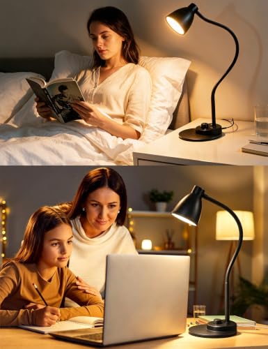 BOHON Matt Black LED Desk Lamp with USB Charging, 3 Color Modes, Dimmable