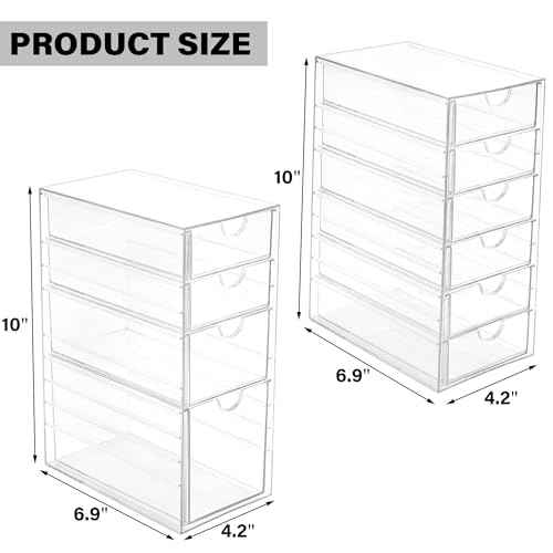 Prsildan Acrylic Drawer Makeup Organizer with 10 Drawers, Set of 2 Office Desk Organizers Accessories, Clear Stackable Storage Drawers for Vanity, Countertop, Craft, Jewelry, Art Supply Organization