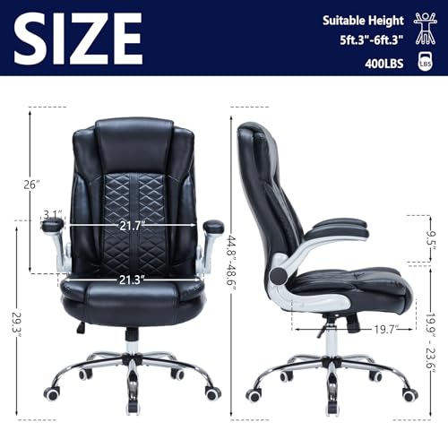 HESL 400lbs Heavy Duty Executive Office Chair Black Flip-Up Armrests Ergonomic Breathable PU Leather