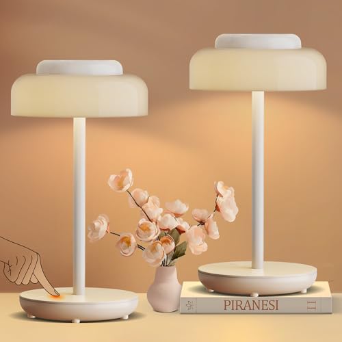QiMH Battery Operated LED Table Lamp, 5000mAh Rechargeable Cordless Lamp Set of 2, Stepless Dimmable Touch Control, Small Waterproof Desk Night Light for Living Room, Bedroom, Outdoor Bar (White)
