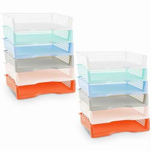 Set of 12 Colorful Turn in Trays Classroom Plastic Stackable Paper Tray Classroom Teachers Desk Organizer Bin for Office Home Teachers Organization and Storage, 9 x 13 x 3 Inches(Boho)