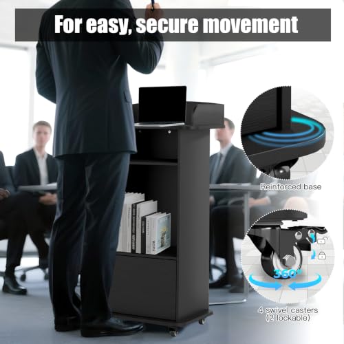 Baoz Podium Stand Portable with Wheels - Black Lectern with 3-Tier Storage, Lockable Cabinet