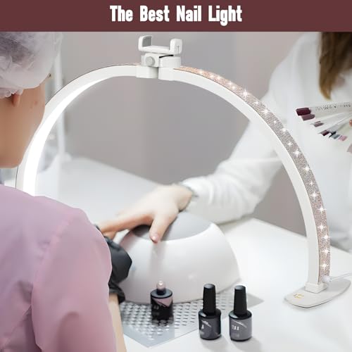 Half Moon Light for Nail Desk with Phone Holder, 29IN Folding Half-Moon Light with Shinning Diamond, LED Lamp for Nail Art, Eyelash Extension, Tattooing, Skin Management, Color Temperature 3000-6500K
