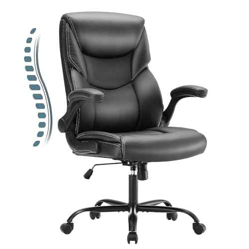 Sweetcrispy Ergonomic Computer Gaming Office Chair, Heavy Duty Task Desk Swivel Rolling Chairs with Wheels, Flip-up Arms, Adjustable Height, PU Leather, Black