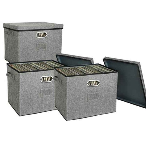 12-Inch Vinyl Record Storage Boxes with Lids and Handles, Stylish and Practical LP Record Organizer for 100+ Single Records, Suitable for Living Room, Study, Concert Hall or Office (Grey, 17"-3 Pack)