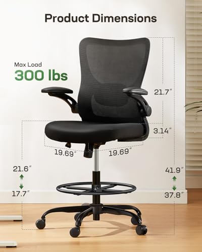 Marsail Drafting Chair Dark – Tall Office Chair with 2D Lumbar, 30.7" Seat Ht, Flip-Up Armrests & Foot Ring