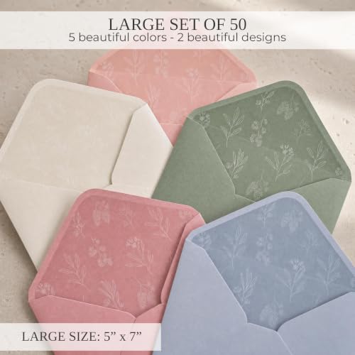 Set of 50 Self-Sealing 5x7 Invitation Envelopes in 5 Colors – Elegant Wedding & Event Supplies