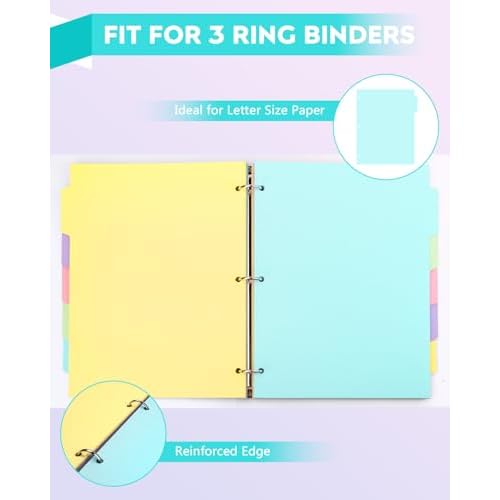 Dynta 3 Ring Binder Dividers with 5 Tabs Bulk 150 Pcs/30 Sets 8.5 x 11 Inches, Letter Size, 5 Colors Durable Paper 3 Hole Punch Index Divider for Kids, Women, Students