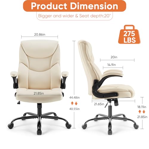 Beige Sweetcrispy High Back Desk Chair with PU Leather, Ergonomic Office Chair