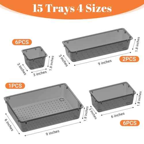 15 PCS Clear Plastic Drawer Organizer Set, 4-Size Acrylic Drawer Storage Trays, Storage Bins for Makeup, Gadgets, and Jewelry in Bathroom, Bedroom and Office, Clear Black