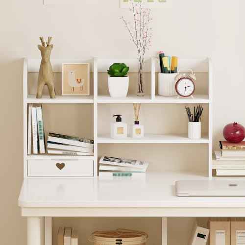 Cute Bookshelves Cute Bookshelf for Desk Kawaii Desk Organizer with Drawer Office Desk Organizers and Accessories Storage Home Decor Display (White)