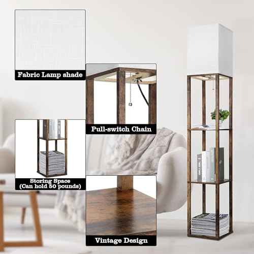 Floor Lamp with Shelves, Modern Wood Standing Shelf Lamp with 3 CCT LED Bulb and White Shade for Living Room Bedroom and Office Deco-Brown