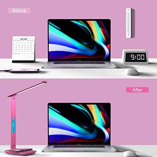 poukaran Desk Lamp, LED Desk Lamp with Wireless Charger, USB Charging Port, Table Lamp with Clock, Alarm, Date, Temperature, Office Lamp, Desk Lamps for Home Office, Pink