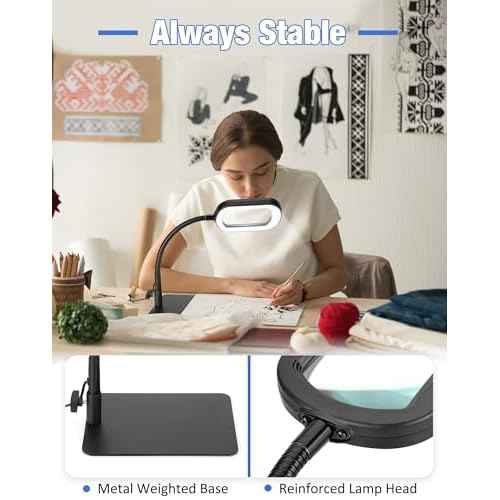 10X Magnifying Glass with Light and Stand LED Magnifier with Light Hands Free Lighted Magnifying Desk Lamp Dimmable for Close Work Craft Read Cross Stitch Sewing Repair Hobby Rectangular