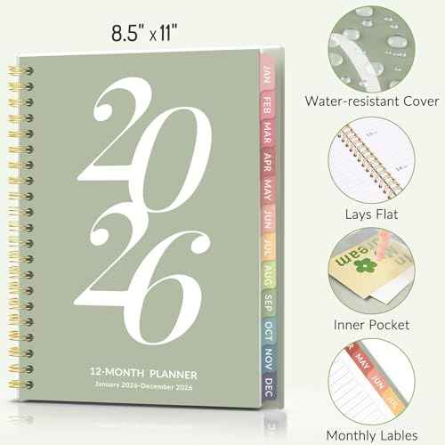 Forvencer 2026 Planner Weekly and Monthly, Jan - Dec 2026, 8.5¡± x 11¡±, Large Agenda Planner for Women, Aesthetic Calender Planner with Spiral Bound, Month Tab, Flexible Cover for School, Office (A4, Green)