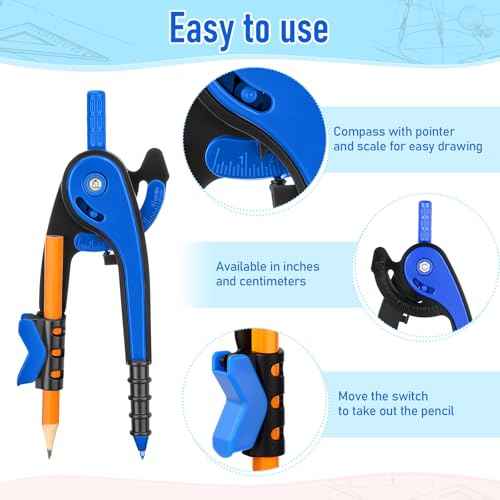 Zonon Student Geometry Math Set Compass and Protractor Set, Drawing Compass and 6 Inch Clear Swing Arm Protractors 180 Degree Math Protractor(Blue)