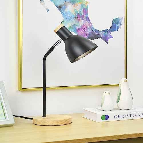 Lampwell Helle Black Office Desk Lamp for Home Office Bedrooms,Wood Base,Kids Girls Student Desk Lamp,9.69¡¿5.91¡¿H14.88IN,Bulb Excluded