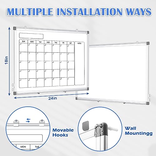 Monthly Calendar Dry Erase Whiteboard for Wall, 24" x 18" Magnetic Calendar White Board, Double-Sided Portable Board for Office, Kitchen, School, Home